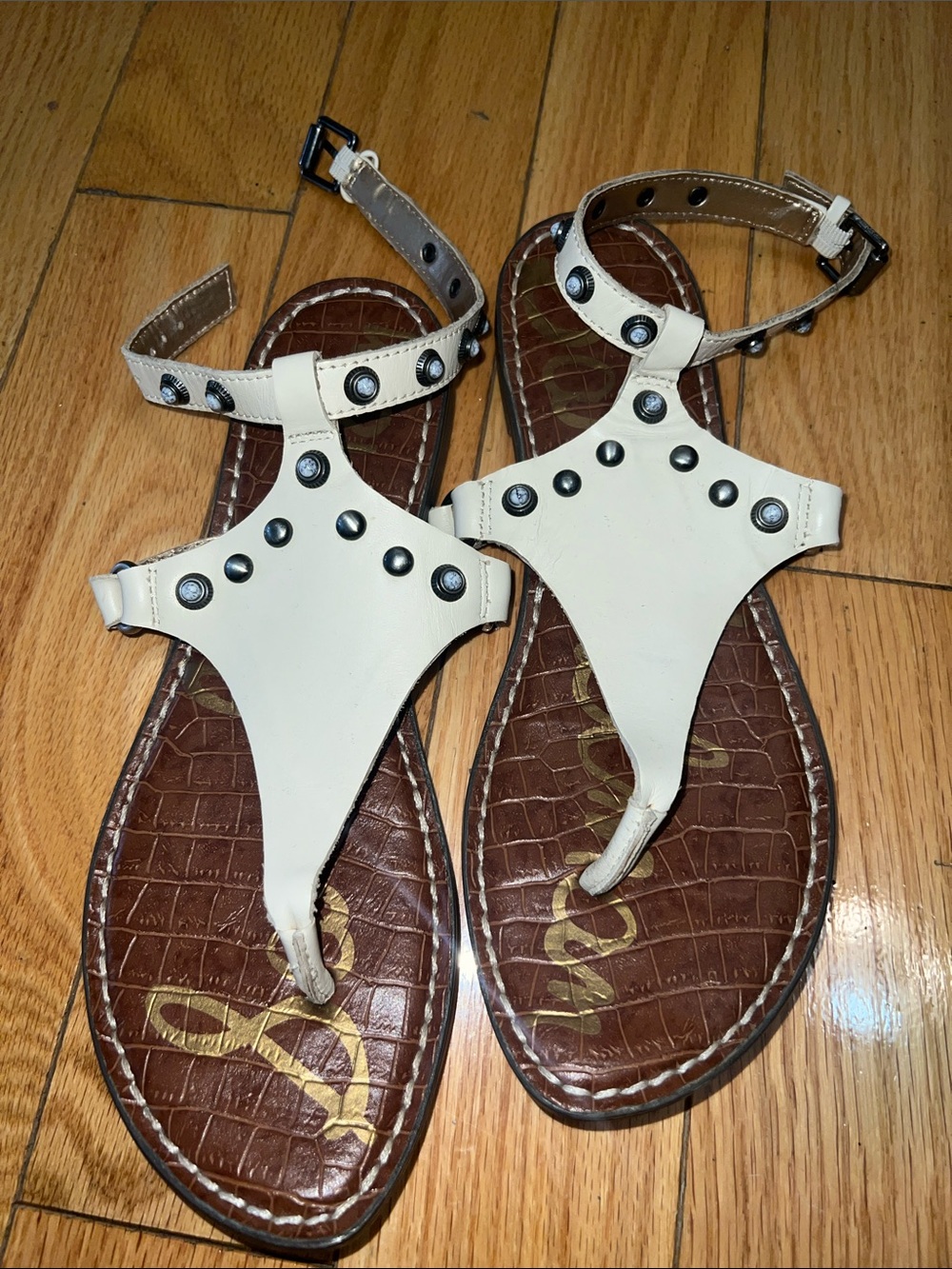 Sam Edelman White Studded Leather T-Strap Sandals